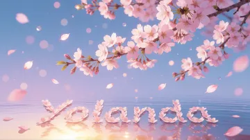Yolanda horizontal diseño 9 - Composición serena y onírica con ramas de cerezo en flor (sakura) en la parte superior contra un cielo en degradado de azul suave y lila. Pétalos de color rosa pastel flotan delicadamente en el aire cayendo hacia una superficie de agua tranquila y cristalina. En el centro inferior, el nombre está formado por pétalos de flores con un sutil efecto de relieve 3D y tipografía floral, reflejándose sobre el agua que está iluminada por un cálido destello dorado de luz solar en la esquina inferior derecha.