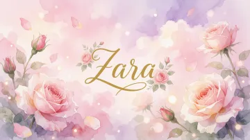 Zara horizontal diseño 10 - Diseño estilo acuarela con un fondo etéreo y texturizado en nubes de tonos rosa pastel y lila suave. Presenta composiciones de rosas abiertas y capullos en los bordes inferior y superior, con pétalos cayendo delicadamente. Incorpora destellos de luz cálida (efecto bokeh) y, en el centro, resalta una tipografía elegante, cursiva y fluida en color dorado.