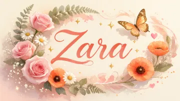 Zara horizontal diseño 3 - Elegante composición de rosas rosadas y amapolas naranjas con mariposas doradas brillantes sobre un fondo cálido, romántico y mágico.