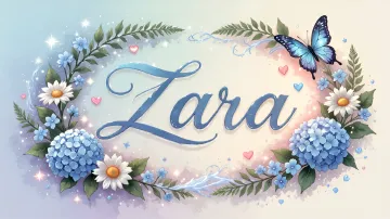 Zara horizontal diseño 4 - Composición magica con nombre en letra cursiva azul, rodeado de hortensias azules, margaritas blancas y delicadas flores silvestres, enmarcado por suaves remolinos de agua, mariposas azules y destellos estelares sobre un fondo etéreo y romántico.
