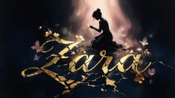 Zara horizontal diseño 6 - Composición de ilustración semirrealista cinematográfica con silueta femenina tejiendo un hilo dorado de luz sobre un suelo oscuro fracturado al estilo Kintsugi, donde el nombre resalta en un prominente guión caligráfico dorado que emerge de las grietas, rodeado de flores blancas, mariposas y un fondo degradado de azules profundos iluminado por una luz celestial en tonos melocotón y crema, con una frase de aliento en tipografía blanca en la parte inferior.