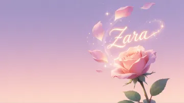 Zara horizontal diseño 8 - Fondo de Pantalla con degradado suave que transiciona de lila en la parte superior a melocotón y rosa pastel en la base, destacando una rosa rosada hiperrealista con tallo y hojas verdes. El nombre brilla en tipografía cursiva con efecto neón cálido, adornado con pétalos cayendo y chispas de luz mágica.