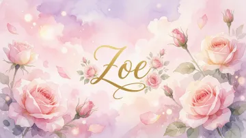 Zoe horizontal diseño 10 - Diseño estilo acuarela con un fondo etéreo y texturizado en nubes de tonos rosa pastel y lila suave. Presenta composiciones de rosas abiertas y capullos en los bordes inferior y superior, con pétalos cayendo delicadamente. Incorpora destellos de luz cálida (efecto bokeh) y, en el centro, resalta una tipografía elegante, cursiva y fluida en color dorado.