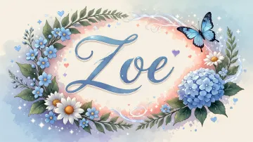 Zoe horizontal diseño 4 - Composición magica con nombre en letra cursiva azul, rodeado de hortensias azules, margaritas blancas y delicadas flores silvestres, enmarcado por suaves remolinos de agua, mariposas azules y destellos estelares sobre un fondo etéreo y romántico.