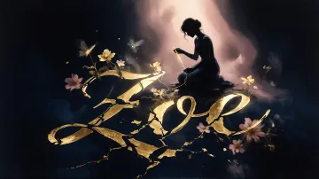 Zoe horizontal diseño 6 - Composición de ilustración semirrealista cinematográfica con silueta femenina tejiendo un hilo dorado de luz sobre un suelo oscuro fracturado al estilo Kintsugi, donde el nombre resalta en un prominente guión caligráfico dorado que emerge de las grietas, rodeado de flores blancas, mariposas y un fondo degradado de azules profundos iluminado por una luz celestial en tonos melocotón y crema, con una frase de aliento en tipografía blanca en la parte inferior.