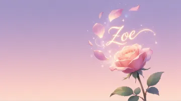 Zoe horizontal diseño 8 - Fondo de Pantalla con degradado suave que transiciona de lila en la parte superior a melocotón y rosa pastel en la base, destacando una rosa rosada hiperrealista con tallo y hojas verdes. El nombre brilla en tipografía cursiva con efecto neón cálido, adornado con pétalos cayendo y chispas de luz mágica.