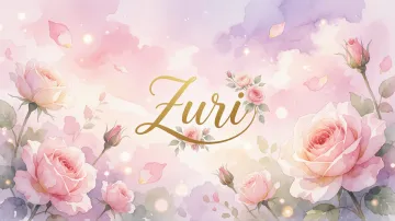 Zuri horizontal diseño 10 - Diseño estilo acuarela con un fondo etéreo y texturizado en nubes de tonos rosa pastel y lila suave. Presenta composiciones de rosas abiertas y capullos en los bordes inferior y superior, con pétalos cayendo delicadamente. Incorpora destellos de luz cálida (efecto bokeh) y, en el centro, resalta una tipografía elegante, cursiva y fluida en color dorado.