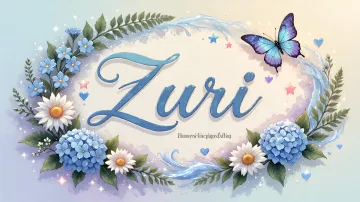 Zuri horizontal diseño 4 - Composición magica con nombre en letra cursiva azul, rodeado de hortensias azules, margaritas blancas y delicadas flores silvestres, enmarcado por suaves remolinos de agua, mariposas azules y destellos estelares sobre un fondo etéreo y romántico.