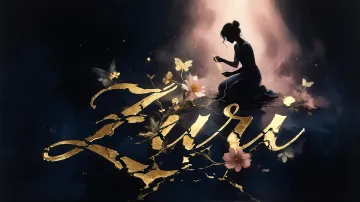 Zuri horizontal diseño 6 - Composición de ilustración semirrealista cinematográfica con silueta femenina tejiendo un hilo dorado de luz sobre un suelo oscuro fracturado al estilo Kintsugi, donde el nombre resalta en un prominente guión caligráfico dorado que emerge de las grietas, rodeado de flores blancas, mariposas y un fondo degradado de azules profundos iluminado por una luz celestial en tonos melocotón y crema, con una frase de aliento en tipografía blanca en la parte inferior.