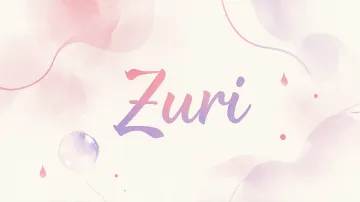 Zuri horizontal diseño 7 - Diseño abstracto en acuarela sobre fondo crema, con manchas fluidas y etéreas en rosa pastel y lila, líneas curvas que aportan movimiento, pequeñas gotas salpicadas cayendo verticalmente y una burbuja translúcida en la parte superior izquierda. El nombre resalta al centro con una tipografía cursiva amplia y elegante en degradado rosa a morado.