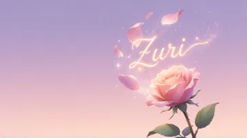 Zuri horizontal diseño 8 - Fondo de Pantalla con degradado suave que transiciona de lila en la parte superior a melocotón y rosa pastel en la base, destacando una rosa rosada hiperrealista con tallo y hojas verdes. El nombre brilla en tipografía cursiva con efecto neón cálido, adornado con pétalos cayendo y chispas de luz mágica.