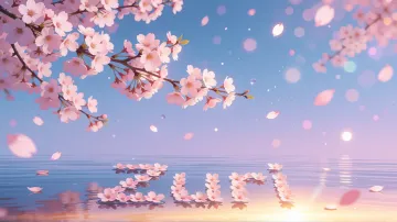 Zuri horizontal diseño 9 - Composición serena y onírica con ramas de cerezo en flor (sakura) en la parte superior contra un cielo en degradado de azul suave y lila. Pétalos de color rosa pastel flotan delicadamente en el aire cayendo hacia una superficie de agua tranquila y cristalina. En el centro inferior, el nombre está formado por pétalos de flores con un sutil efecto de relieve 3D y tipografía floral, reflejándose sobre el agua que está iluminada por un cálido destello dorado de luz solar en la esquina inferior derecha.