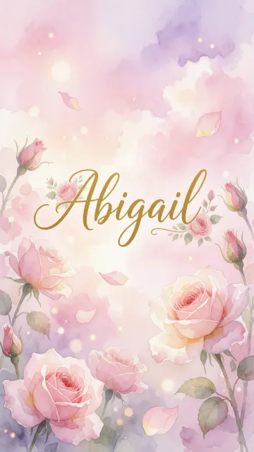 Abigail diseño 10 - Diseño estilo acuarela con un fondo etéreo y texturizado en nubes de tonos rosa pastel y lila suave. Presenta composiciones de rosas abiertas y capullos en los bordes inferior y superior, con pétalos cayendo delicadamente. Incorpora destellos de luz cálida (efecto bokeh) y, en el centro, resalta una tipografía elegante, cursiva y fluida en color dorado.