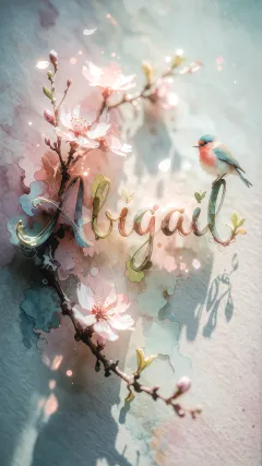 Abigail - Un delicado diseño de estilo acuarela digital que combina una tipografía de caligrafía personalizada para el nombre en tonos dorados y rosados suaves, adornada con pequeñas hojas y brotes. Un pajarito azul y naranja vibrante está posado en una de las letras. Todo está rodeado por un marco circular de ramas de cerezo en flor con delicadas flores rosadas y blancas. El fondo es un lavado de acuarela difuminado en tonos pastel suaves de azul cerceta, rosa rubor y melocotón sobre una textura de papel rugoso, con destellos luminosos y motas de luz bokeh flotando alrededor, creando una atmósfera mágica y soñadora. Las sombras suaves proyectadas añaden profundidad.