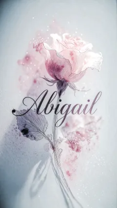 Abigail - Ilustración delicada de una rosa en vista frontal con pétalos translúcidos y finas líneas de contorno. El fondo presenta una textura sutil con manchas abstractas de acuarela en tonos rosa suave y destellos luminosos (efecto bokeh). En el centro, entrelazado con el tallo, destaca el nombre en una tipografía caligráfica cursiva, elegante y de gran tamaño, con un ligero efecto de sombra y gradiente.