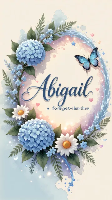 Abigail diseño 4 - Composición magica con nombre en letra cursiva azul, rodeado de hortensias azules, margaritas blancas y delicadas flores silvestres, enmarcado por suaves remolinos de agua, mariposas azules y destellos estelares sobre un fondo etéreo y romántico.