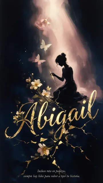 Abigail diseño 6 - Composición de ilustración semirrealista cinematográfica con silueta femenina tejiendo un hilo dorado de luz sobre un suelo oscuro fracturado al estilo Kintsugi, donde el nombre resalta en un prominente guión caligráfico dorado que emerge de las grietas, rodeado de flores blancas, mariposas y un fondo degradado de azules profundos iluminado por una luz celestial en tonos melocotón y crema, con una frase de aliento en tipografía blanca en la parte inferior.