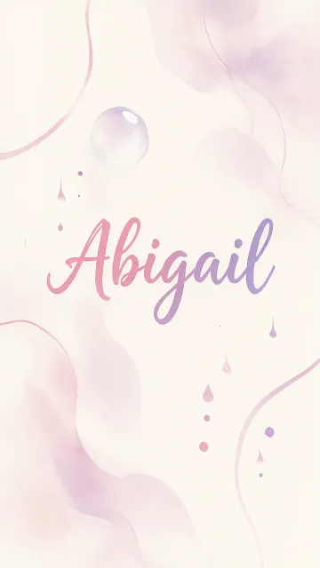 Abigail diseño 7 - Diseño abstracto en acuarela sobre fondo crema, con manchas fluidas y etéreas en rosa pastel y lila, líneas curvas que aportan movimiento, pequeñas gotas salpicadas cayendo verticalmente y una burbuja translúcida en la parte superior izquierda. El nombre resalta al centro con una tipografía cursiva amplia y elegante en degradado rosa a morado.