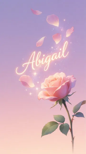Abigail diseño 8 - Fondo de Pantalla con degradado suave que transiciona de lila en la parte superior a melocotón y rosa pastel en la base, destacando una rosa rosada hiperrealista con tallo y hojas verdes. El nombre brilla en tipografía cursiva con efecto neón cálido, adornado con pétalos cayendo y chispas de luz mágica.