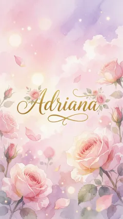 Adriana - Diseño estilo acuarela con un fondo etéreo y texturizado en nubes de tonos rosa pastel y lila suave. Presenta composiciones de rosas abiertas y capullos en los bordes inferior y superior, con pétalos cayendo delicadamente. Incorpora destellos de luz cálida (efecto bokeh) y, en el centro, resalta una tipografía elegante, cursiva y fluida en color dorado.