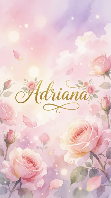Adriana diseño 10 - Diseño estilo acuarela con un fondo etéreo y texturizado en nubes de tonos rosa pastel y lila suave. Presenta composiciones de rosas abiertas y capullos en los bordes inferior y superior, con pétalos cayendo delicadamente. Incorpora destellos de luz cálida (efecto bokeh) y, en el centro, resalta una tipografía elegante, cursiva y fluida en color dorado.