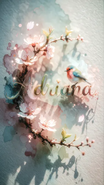 Adriana diseño 11 - Un delicado diseño de estilo acuarela digital que combina una tipografía de caligrafía personalizada para el nombre en tonos dorados y rosados suaves, adornada con pequeñas hojas y brotes. Un pajarito azul y naranja vibrante está posado en una de las letras. Todo está rodeado por un marco circular de ramas de cerezo en flor con delicadas flores rosadas y blancas. El fondo es un lavado de acuarela difuminado en tonos pastel suaves de azul cerceta, rosa rubor y melocotón sobre una textura de papel rugoso, con destellos luminosos y motas de luz bokeh flotando alrededor, creando una atmósfera mágica y soñadora. Las sombras suaves proyectadas añaden profundidad.