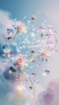 Adriana - Una composición etérea y luminosa donde el nombre se despliega en una tipografía cursiva tridimensional con un realista efecto de cristal o vidrio soplado, con reflejos, transparencias y brillos que capturan la luz. El texto está rodeado por enredaderas, hojas iridiscentes y rosas esculpidas en cristal que reflejan la luz. La escena se completa con destellos mágicos y burbujas flotantes, y se asienta sobre un fondo suave de nubes difuminadas en tonos pastel (azul cielo, rosa y lila), creando una atmósfera de ensueño, delicada y elegante.