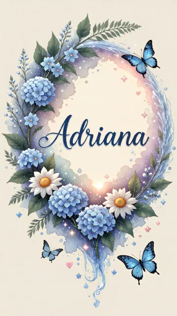 Adriana diseño 4 - Composición magica con nombre en letra cursiva azul, rodeado de hortensias azules, margaritas blancas y delicadas flores silvestres, enmarcado por suaves remolinos de agua, mariposas azules y destellos estelares sobre un fondo etéreo y romántico.