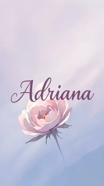 Adriana diseño 5 - Nombre en elegante tipografía cursiva caligráfica en tono lavanda, sobre fondo acuarela de cielo nublado en tonos pastel (azul, blanco, lavanda), decorado con rosa en acuarela de pétalos rosa pálido, blanco crema y lilas suaves con hojas en gris-verde.