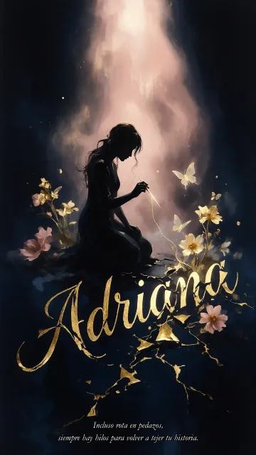 Adriana diseño 6 - Composición de ilustración semirrealista cinematográfica con silueta femenina tejiendo un hilo dorado de luz sobre un suelo oscuro fracturado al estilo Kintsugi, donde el nombre resalta en un prominente guión caligráfico dorado que emerge de las grietas, rodeado de flores blancas, mariposas y un fondo degradado de azules profundos iluminado por una luz celestial en tonos melocotón y crema, con una frase de aliento en tipografía blanca en la parte inferior.