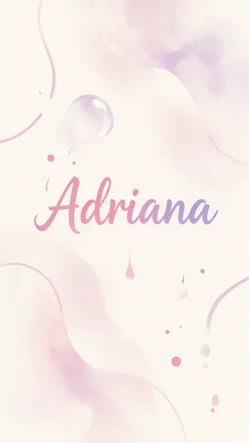 Adriana diseño 7 - Diseño abstracto en acuarela sobre fondo crema, con manchas fluidas y etéreas en rosa pastel y lila, líneas curvas que aportan movimiento, pequeñas gotas salpicadas cayendo verticalmente y una burbuja translúcida en la parte superior izquierda. El nombre resalta al centro con una tipografía cursiva amplia y elegante en degradado rosa a morado.