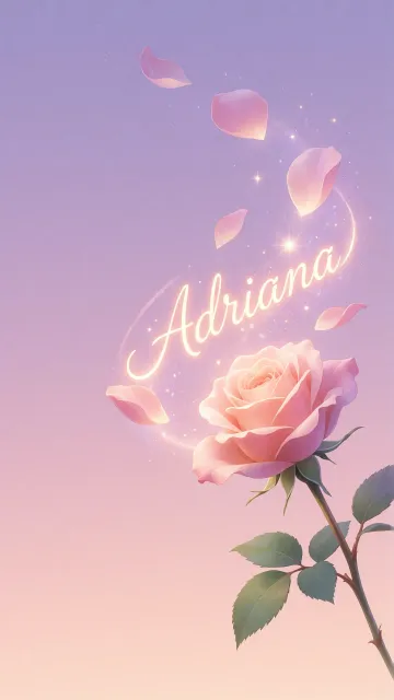 Adriana diseño 8 - Fondo de Pantalla con degradado suave que transiciona de lila en la parte superior a melocotón y rosa pastel en la base, destacando una rosa rosada hiperrealista con tallo y hojas verdes. El nombre brilla en tipografía cursiva con efecto neón cálido, adornado con pétalos cayendo y chispas de luz mágica.