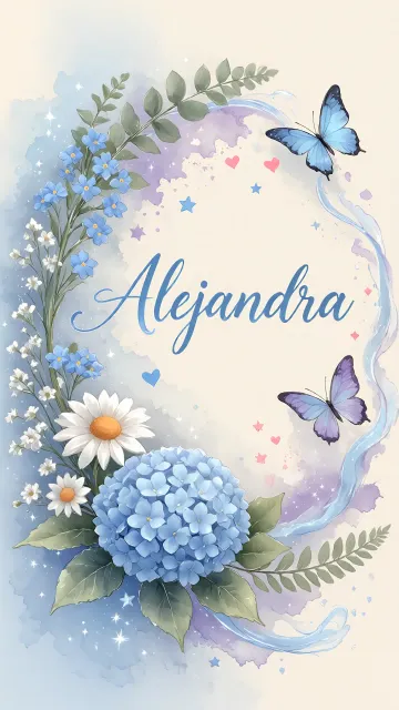 Alejandra diseño 1 - Hortensias azules, flores pequeñas y acuarela suave con mariposas azules y brillo etéreo