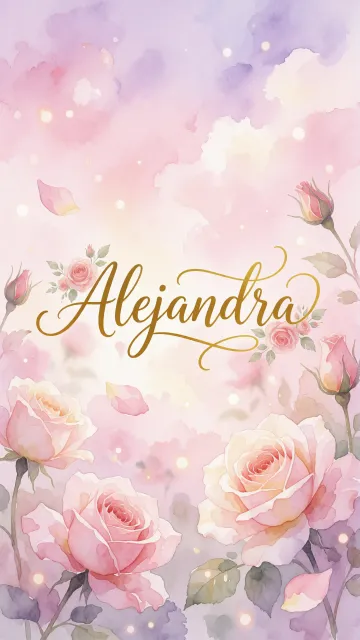 Alejandra diseño 10 - Diseño estilo acuarela con un fondo etéreo y texturizado en nubes de tonos rosa pastel y lila suave. Presenta composiciones de rosas abiertas y capullos en los bordes inferior y superior, con pétalos cayendo delicadamente. Incorpora destellos de luz cálida (efecto bokeh) y, en el centro, resalta una tipografía elegante, cursiva y fluida en color dorado.