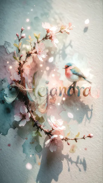 Alejandra diseño 11 - Un delicado diseño de estilo acuarela digital que combina una tipografía de caligrafía personalizada para el nombre en tonos dorados y rosados suaves, adornada con pequeñas hojas y brotes. Un pajarito azul y naranja vibrante está posado en una de las letras. Todo está rodeado por un marco circular de ramas de cerezo en flor con delicadas flores rosadas y blancas. El fondo es un lavado de acuarela difuminado en tonos pastel suaves de azul cerceta, rosa rubor y melocotón sobre una textura de papel rugoso, con destellos luminosos y motas de luz bokeh flotando alrededor, creando una atmósfera mágica y soñadora. Las sombras suaves proyectadas añaden profundidad.