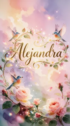 Alejandra - Una composición estilo acuarela digital sobre un fondo etéreo de nubes en tonos pastel (lila, melocotón, rosa y azul cielo). En el centro destaca el nombre en tipografía cursiva, elegante y con un claro efecto de relieve 3D dorado brillante. El texto está enmarcado por enredaderas orgánicas con grandes rosas (rosadas, melocotón y blancas), capullos, hojas verdes y pequeñas flores silvestres. Dos pequeños pájaros azules con el pecho anaranjado vuelan armoniosamente en la parte superior. Toda la escena está salpicada de destellos luminosos tipo polvo de hadas y motas de luz bokeh, con sombras suaves que aportan profundidad y crean una atmósfera mágica y soñadora.