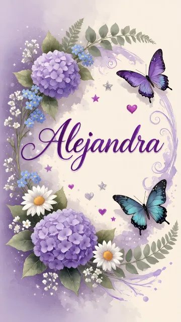 Alejandra diseño 2 - Diseño elegante de hortensias en tonos lila y morados suaves, con volutas estilizadas y una mariposa mística que aporta un toque etéreo y mágico.