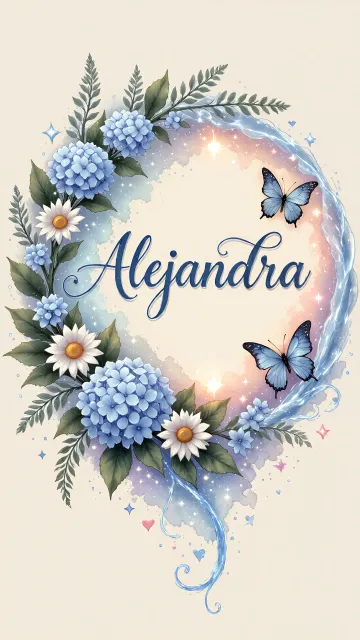 Alejandra diseño 4 - Composición magica con nombre en letra cursiva azul, rodeado de hortensias azules, margaritas blancas y delicadas flores silvestres, enmarcado por suaves remolinos de agua, mariposas azules y destellos estelares sobre un fondo etéreo y romántico.