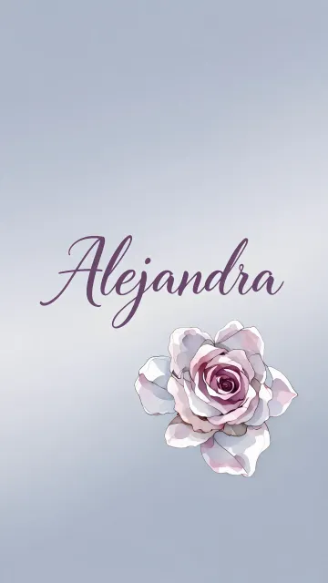 Alejandra diseño 5 - Nombre en elegante tipografía cursiva caligráfica en tono lavanda, sobre fondo acuarela de cielo nublado en tonos pastel (azul, blanco, lavanda), decorado con rosa en acuarela de pétalos rosa pálido, blanco crema y lilas suaves con hojas en gris-verde.