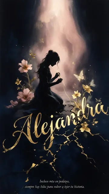 Alejandra diseño 6 - Composición de ilustración semirrealista cinematográfica con silueta femenina tejiendo un hilo dorado de luz sobre un suelo oscuro fracturado al estilo Kintsugi, donde el nombre resalta en un prominente guión caligráfico dorado que emerge de las grietas, rodeado de flores blancas, mariposas y un fondo degradado de azules profundos iluminado por una luz celestial en tonos melocotón y crema, con una frase de aliento en tipografía blanca en la parte inferior.