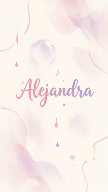 Alejandra diseño 7 - Diseño abstracto en acuarela sobre fondo crema, con manchas fluidas y etéreas en rosa pastel y lila, líneas curvas que aportan movimiento, pequeñas gotas salpicadas cayendo verticalmente y una burbuja translúcida en la parte superior izquierda. El nombre resalta al centro con una tipografía cursiva amplia y elegante en degradado rosa a morado.