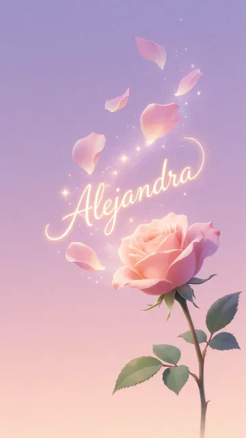 Alejandra diseño 8 - Fondo de Pantalla con degradado suave que transiciona de lila en la parte superior a melocotón y rosa pastel en la base, destacando una rosa rosada hiperrealista con tallo y hojas verdes. El nombre brilla en tipografía cursiva con efecto neón cálido, adornado con pétalos cayendo y chispas de luz mágica.