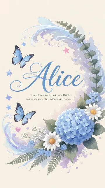 Alice diseño 1 - Hortensias azules, flores pequeñas y acuarela suave con mariposas azules y brillo etéreo