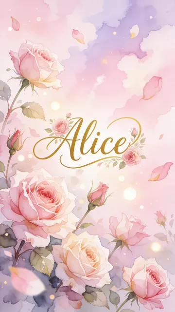 Alice diseño 10 - Diseño estilo acuarela con un fondo etéreo y texturizado en nubes de tonos rosa pastel y lila suave. Presenta composiciones de rosas abiertas y capullos en los bordes inferior y superior, con pétalos cayendo delicadamente. Incorpora destellos de luz cálida (efecto bokeh) y, en el centro, resalta una tipografía elegante, cursiva y fluida en color dorado.
