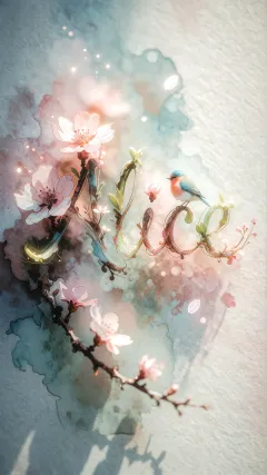Alice - Un delicado diseño de estilo acuarela digital que combina una tipografía de caligrafía personalizada para el nombre en tonos dorados y rosados suaves, adornada con pequeñas hojas y brotes. Un pajarito azul y naranja vibrante está posado en una de las letras. Todo está rodeado por un marco circular de ramas de cerezo en flor con delicadas flores rosadas y blancas. El fondo es un lavado de acuarela difuminado en tonos pastel suaves de azul cerceta, rosa rubor y melocotón sobre una textura de papel rugoso, con destellos luminosos y motas de luz bokeh flotando alrededor, creando una atmósfera mágica y soñadora. Las sombras suaves proyectadas añaden profundidad.