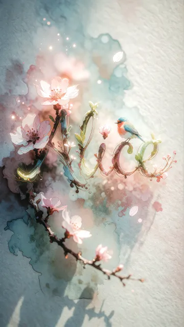 Alice diseño 11 - Un delicado diseño de estilo acuarela digital que combina una tipografía de caligrafía personalizada para el nombre en tonos dorados y rosados suaves, adornada con pequeñas hojas y brotes. Un pajarito azul y naranja vibrante está posado en una de las letras. Todo está rodeado por un marco circular de ramas de cerezo en flor con delicadas flores rosadas y blancas. El fondo es un lavado de acuarela difuminado en tonos pastel suaves de azul cerceta, rosa rubor y melocotón sobre una textura de papel rugoso, con destellos luminosos y motas de luz bokeh flotando alrededor, creando una atmósfera mágica y soñadora. Las sombras suaves proyectadas añaden profundidad.