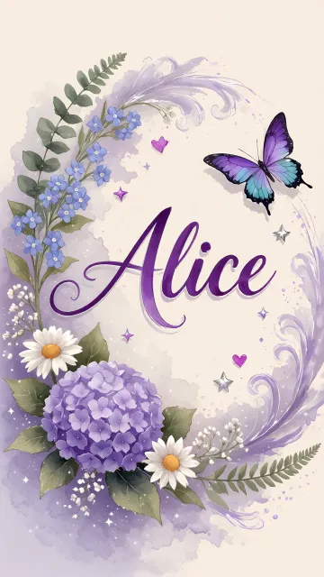 Alice diseño 2 - Diseño elegante de hortensias en tonos lila y morados suaves, con volutas estilizadas y una mariposa mística que aporta un toque etéreo y mágico.