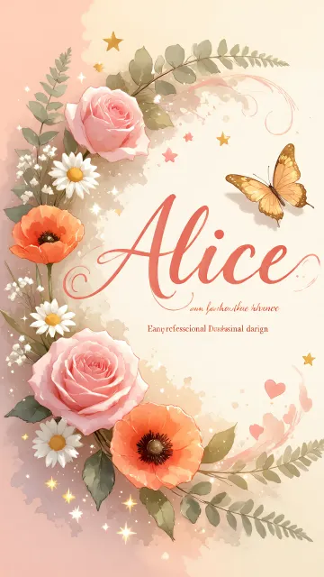 Alice diseño 3 - Elegante composición de rosas rosadas y amapolas naranjas con mariposas doradas brillantes sobre un fondo cálido, romántico y mágico.