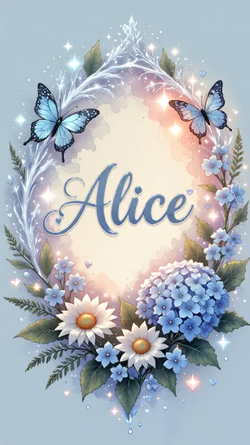 Alice diseño 4 - Composición magica con nombre en letra cursiva azul, rodeado de hortensias azules, margaritas blancas y delicadas flores silvestres, enmarcado por suaves remolinos de agua, mariposas azules y destellos estelares sobre un fondo etéreo y romántico.