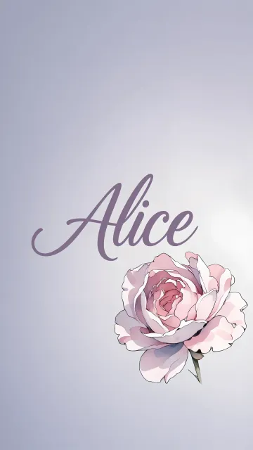 Alice diseño 5 - Nombre en elegante tipografía cursiva caligráfica en tono lavanda, sobre fondo acuarela de cielo nublado en tonos pastel (azul, blanco, lavanda), decorado con rosa en acuarela de pétalos rosa pálido, blanco crema y lilas suaves con hojas en gris-verde.
